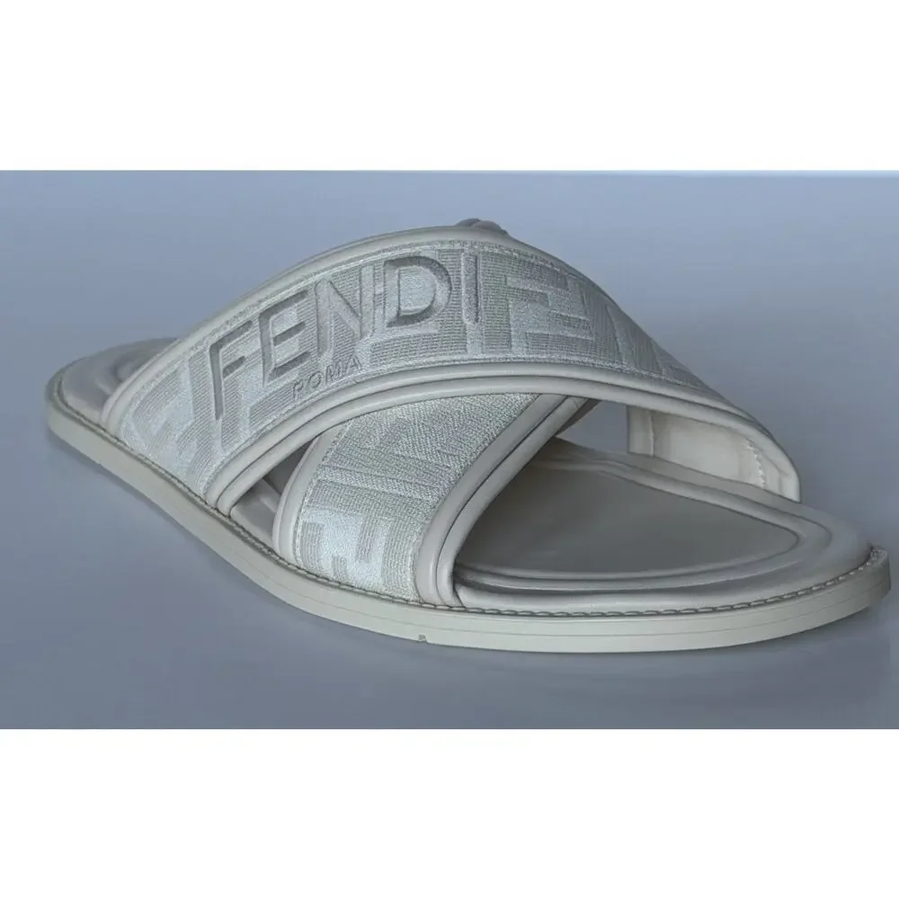 Fendi Men's FF Leather/Fabric Ivory Slide Sandals 8 US/7 UK IT 7X1548 NIB $730